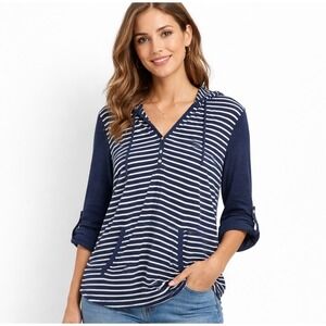 J. Jill Striped Linen Cotton Henley Hoodie Navy White Roll Tab Sleeve Small